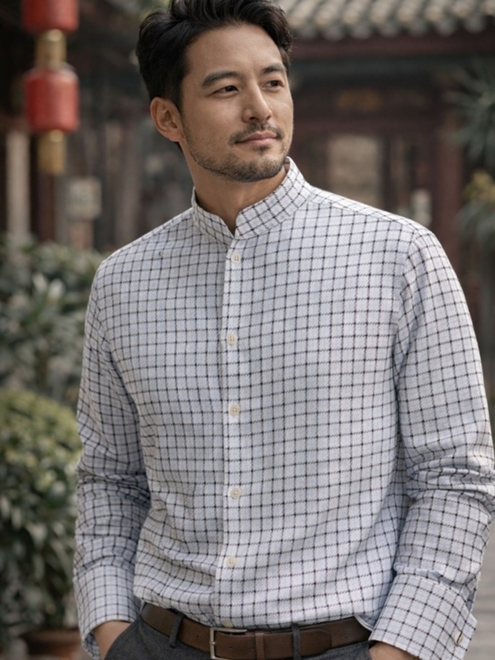 Shanghai tang blue & white plaid herringbone French cuff mandarin collar shirt